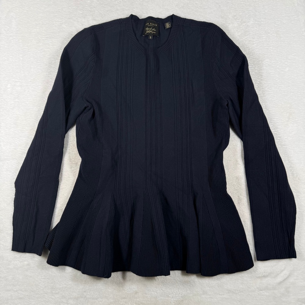 Ted Baker London Navy Blue Ribbed Peplum Knit Sweater Size 3 WMK BEFFI